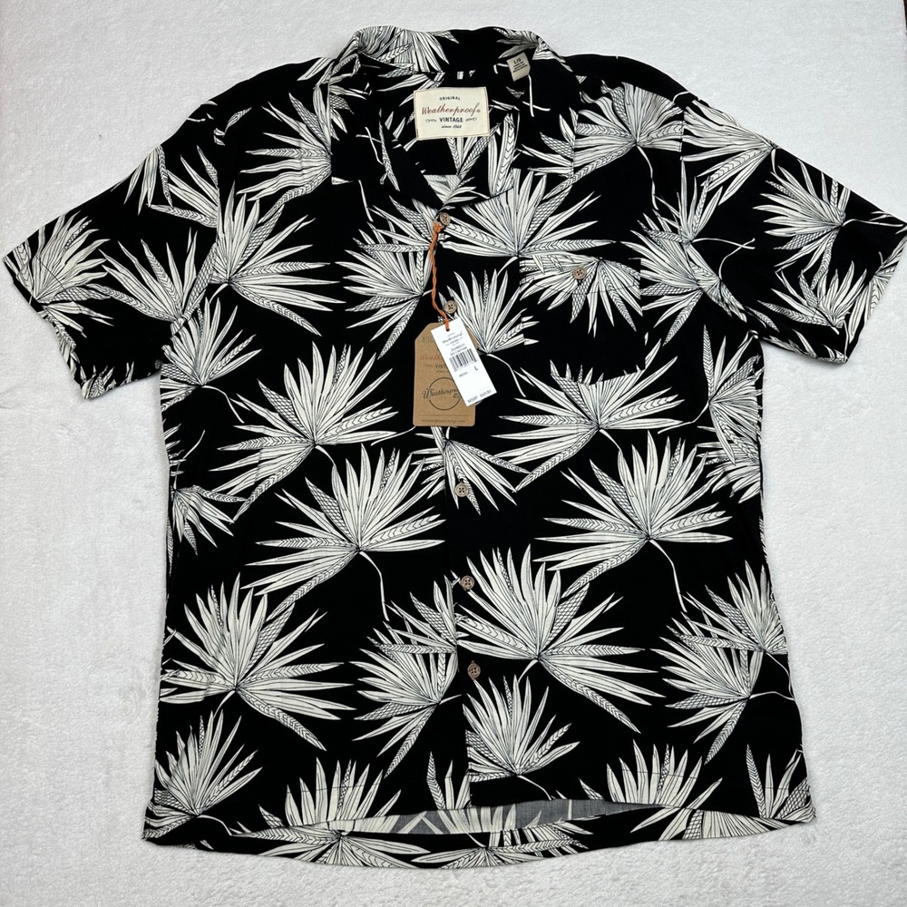 Weatherproof Vintage Mens Large Black White Palm Leaf Button Up Shirt 2S2484231‎
